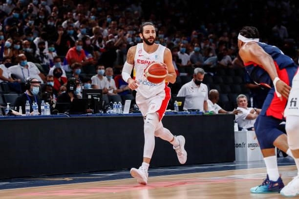 Ricky Rubio of Spain brings the ball up during the preparation for Olympic Games basketball match between France and Spain at Accor Arena on July 10,...