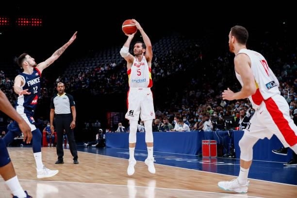 Rudy Fernandez of Spain shoots the ball during the preparation for Olympic Games basketball match between France and Spain at Accor Arena on July 10,...