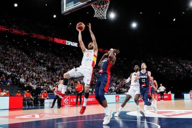 Sergio Rodriguez of Spain goes to the basket against Frank Ntilikina of France during the preparation for Olympic Games basketball match between...