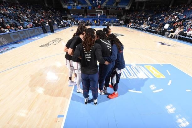 The Washington Mystics huddle up before the game against the Chicago Sky on July 10, 2021 at the Wintrust Arena in Chicago, Illinois. NOTE TO USER:...