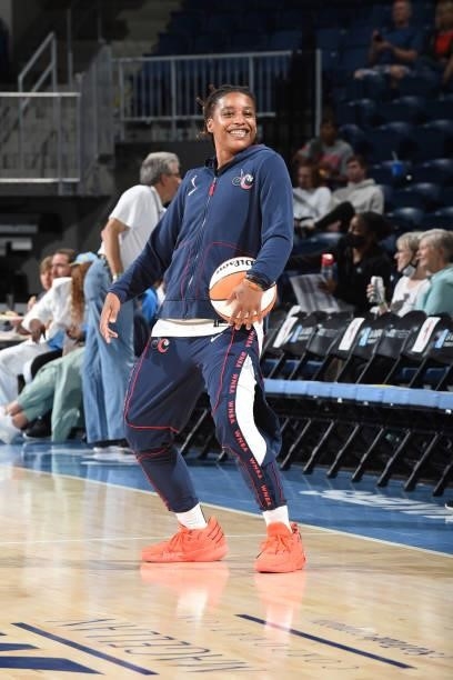 Shavonte Zellous of the Washington Mystics smiles before the game against the Chicago Sky on July 10, 2021 at the Wintrust Arena in Chicago,...
