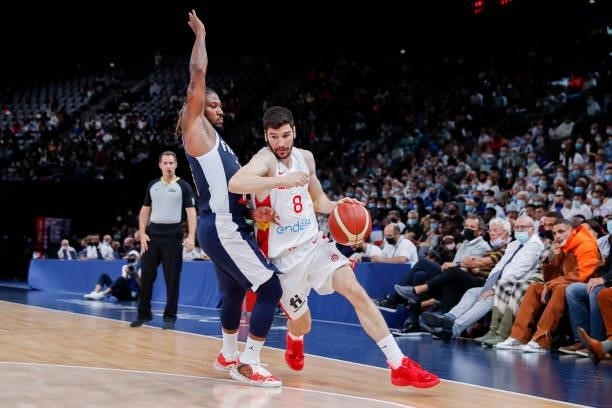 Dario Brizuela of Spain drives to the basket against Andrew Albicy of France during the preparation for Olympic Games basketball match between France...
