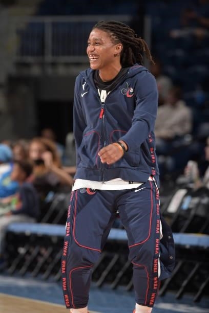 Shavonte Zellous of the Washington Mystics smiles before the game against the Chicago Sky on July 10, 2021 at the Wintrust Arena in Chicago,...