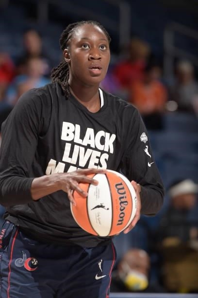 Tina Charles of the Washington Mystics handles the ball before the game against the Chicago Sky on July 10, 2021 at the Wintrust Arena in Chicago,...