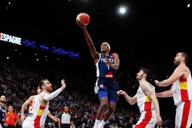 Frank Ntilikina of France goes to the basket during the preparation for Olympic Games basketball match between France and Spain at Accor Arena on...