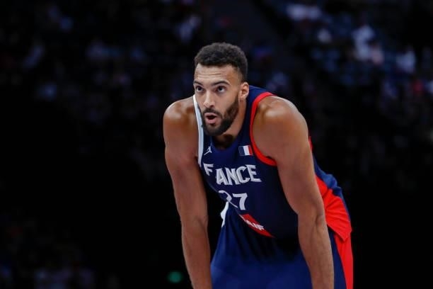 Rudy Gobert of France looks on during the preparation for Olympic Games basketball match between France and Spain at Accor Arena on July 10, 2021 in...