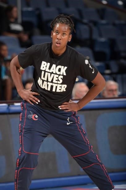 Ariel Atkins of the Washington Mystics warms up before the game against the Chicago Sky on July 10, 2021 at the Wintrust Arena in Chicago, Illinois....