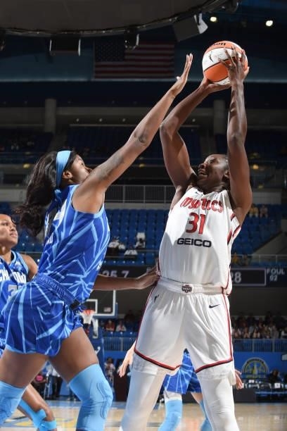 Tina Charles of the Washington Mystics looks to shoot the ball against the Chicago Sky on July 10, 2021 at the Wintrust Arena in Chicago, Illinois....