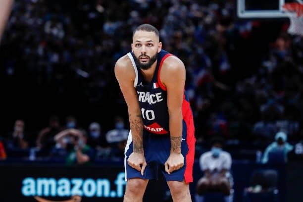 Evan Fournier of France looks on during the preparation for Olympic Games basketball match between France and Spain at Accor Arena on July 10, 2021...