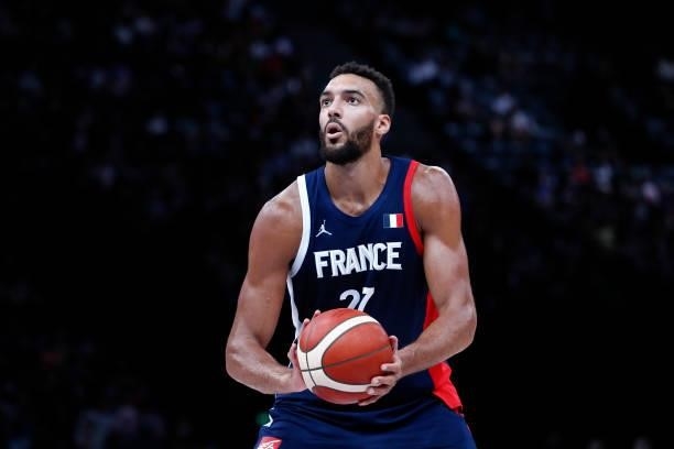 Rudy Gobert of France shoots a free throw during the preparation for Olympic Games basketball match between France and Spain at Accor Arena on July...