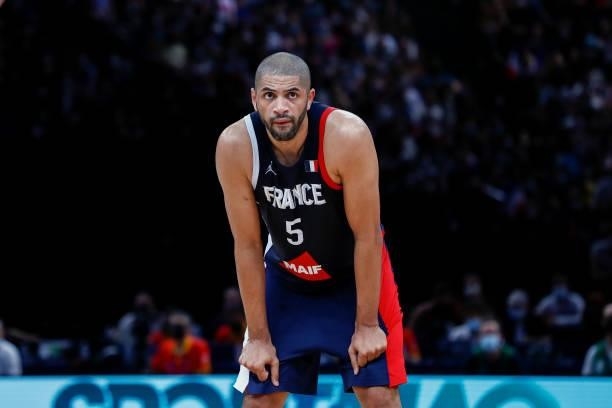 Nicolas Batum of France looks on during the preparation for Olympic Games basketball match between France and Spain at Accor Arena on July 10, 2021...