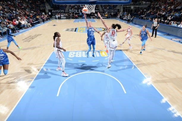 Courtney Vandersloot of the Chicago Sky shoots the ball against the Washington Mystics on July 10, 2021 at the Wintrust Arena in Chicago, Illinois....
