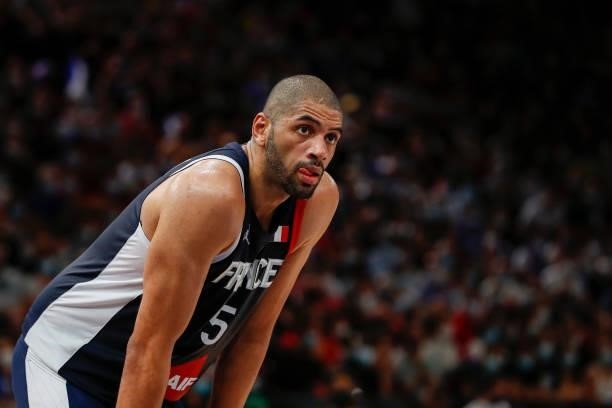 Nicolas Batum of France looks on during the preparation for Olympic Games basketball match between France and Spain at Accor Arena on July 10, 2021...