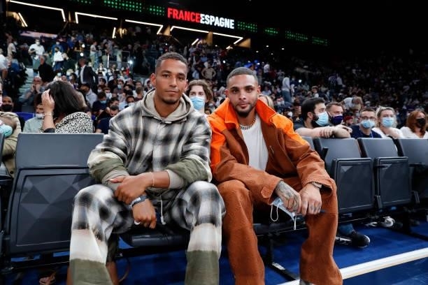 Thilo Kehrer and Layvin Kurzawa PSGs soccer players are attending the preparation for Olympic Games basketball match between France and Spain at...