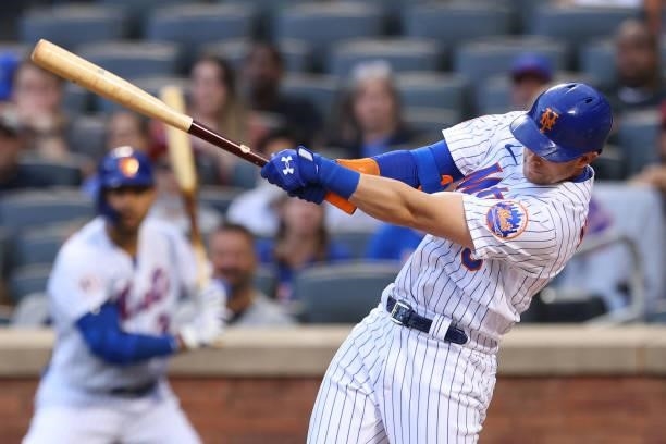 Jeff McNeil of the New York Mets hits an RBI double against the Pittsburgh Pirates during the first inning of the second game of a double header at...