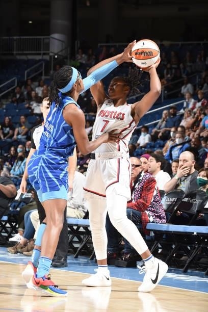 Diamond DeShields of the Chicago Sky plays defense on Ariel Atkins of the Washington Mystics on July 10, 2021 at the Wintrust Arena in Chicago,...