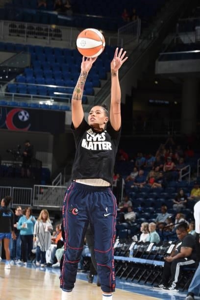 Natasha Cloud of the Washington Mystics shoots the ball before the game against the Chicago Sky on July 10, 2021 at the Wintrust Arena in Chicago,...