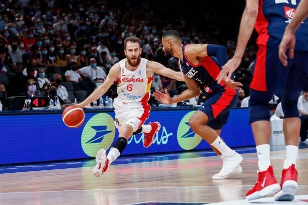 Sergio Rodriguez of Spain drives to the basket against Timothe Luwawu-Cabarrot of France during the preparation for Olympic Games basketball match...