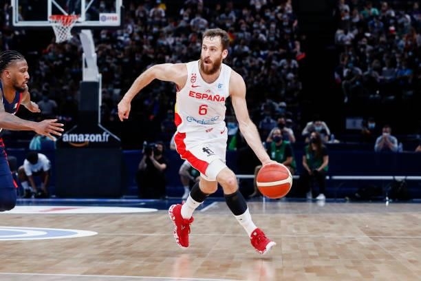 Sergio Rodriguez of Spain drives to the basket during the preparation for Olympic Games basketball match between France and Spain at Accor Arena on...