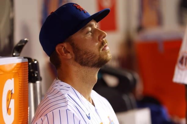 Pitcher Tylor Megill of the New York Mets sits in the dugout after being relieved in the fourth inning against the Pittsburgh Pirates during the...