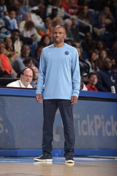 Head Coach James Wade of the Chicago Sky looks on during the game against the Washington Mystics on July 10, 2021 at the Wintrust Arena in Chicago,...