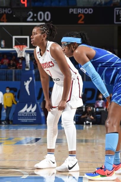 Ariel Atkins of the Washington Mystics and Diamond DeShields of the Chicago Sky look on during the game on July 10, 2021 at the Wintrust Arena in...