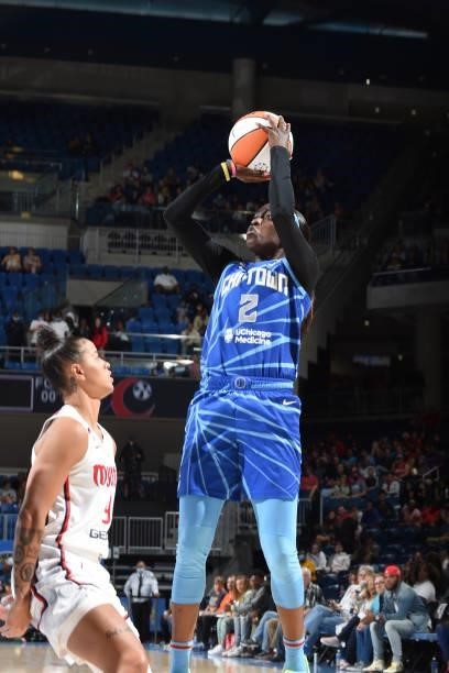 Kahleah Cooper of the Chicago Sky shoots the ball over Natasha Cloud of the Washington Mystics on July 10, 2021 at the Wintrust Arena in Chicago,...