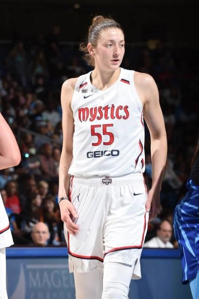 Theresa Plaisance of the Washington Mystics looks on during the game against the Chicago Sky on July 10, 2021 at the Wintrust Arena in Chicago,...