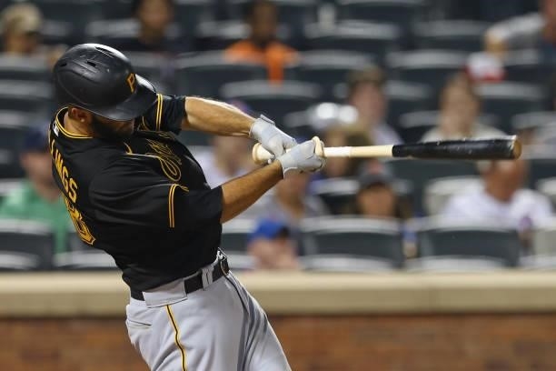 Jacob Stallings of the Pittsburgh Pirates hits a home run against the New York Mets in the sixth inning during the second game of a double header at...