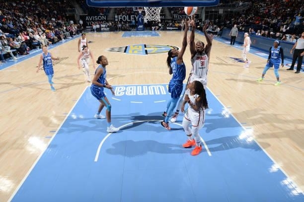 Tina Charles of the Washington Mystics shoots the ball against the Chicago Sky on July 10, 2021 at the Wintrust Arena in Chicago, Illinois. NOTE TO...