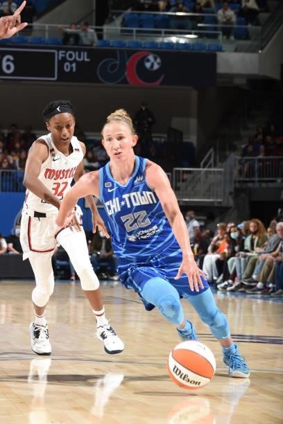 Courtney Vandersloot of the Chicago Sky dribbles the ball against the Washington Mystics on July 10, 2021 at the Wintrust Arena in Chicago, Illinois....