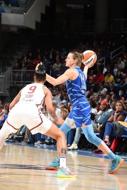 Natasha Cloud of the Washington Mystics plays defense on Allie Quigley of the Chicago Sky on July 10, 2021 at the Wintrust Arena in Chicago,...