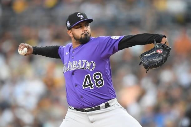 German Marquez of the Colorado Rockies pitches during the second inning of a baseball game against the San Diego Padres at Petco Park on July 10,...