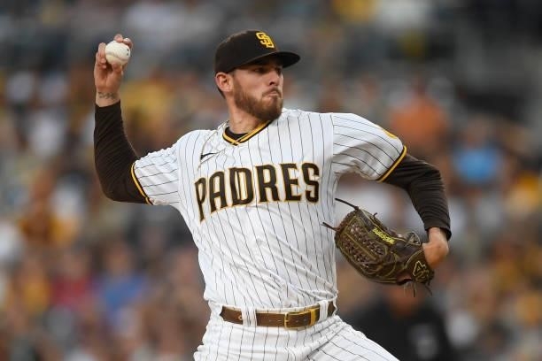 Joe Musgrove of the San Diego Padres pitches during the second inning of a baseball game against the Colorado Rockies at Petco Park on July 10, 2021...