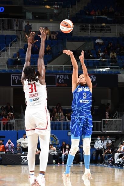 Candace Parker of the Chicago Sky shoots the ball over Tina Charles of the Washington Mystics on July 10, 2021 at the Wintrust Arena in Chicago,...