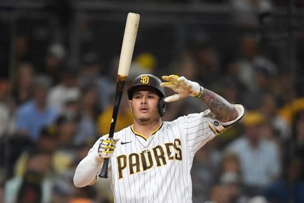 Manny Machado of the San Diego Padres prepares to bat during the fourth inning of a baseball game against the Colorado Rockies at Petco Park on July...