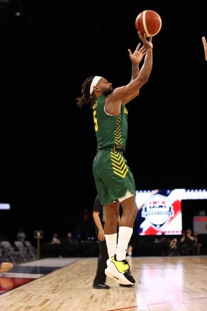 Patty Mills of the Australia Men's National Team shoots the ball during the game against the Argentina Men's National Team on July 10, 2021 at...