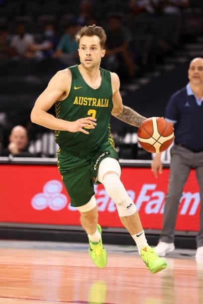 Nathan Sobey of the Australia Men's National Team dribbles the ball during the game against the Argentina Men's National Team on July 10, 2021 at...