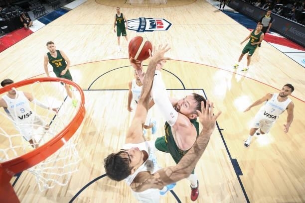 Aron Baynes of the Australia Men's National Team drives to the basket during the game against the Argentina Men's National Team on July 10, 2021 at...