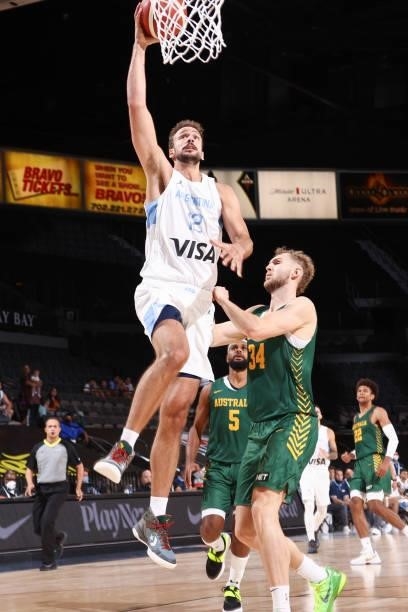 Marcos Delia of the Argentina Men's National Team drives to the basket during the game against the Australia Men's National Team on July 10, 2021 at...