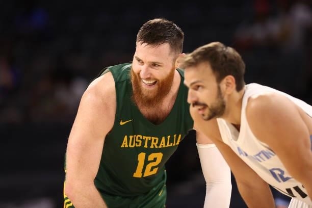 Aron Baynes of the Australia Men's National Team smiles during the game against the Argentina Men's National Team on July 10, 2021 at Michelob ULTRA...