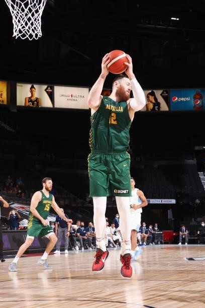 Aron Baynes of the Australia Men's National Team rebounds the ball during the game against the Argentina Men's National Team on July 10, 2021 at...