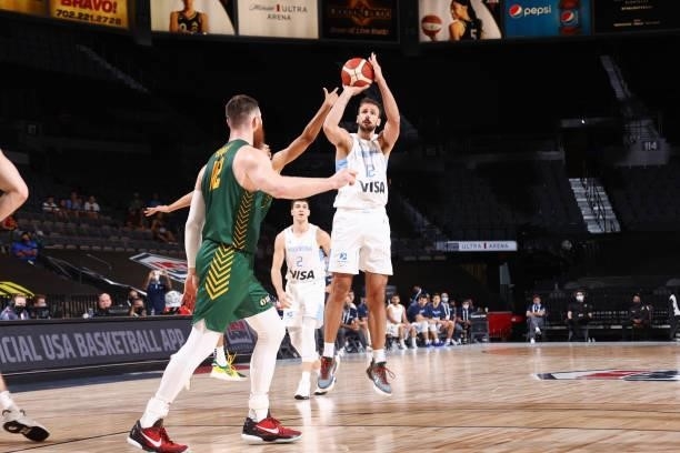 Marcos Delia of the Argentina Men's National Team shoots the ball during the game against the Australia Men's National Team on July 10, 2021 at...