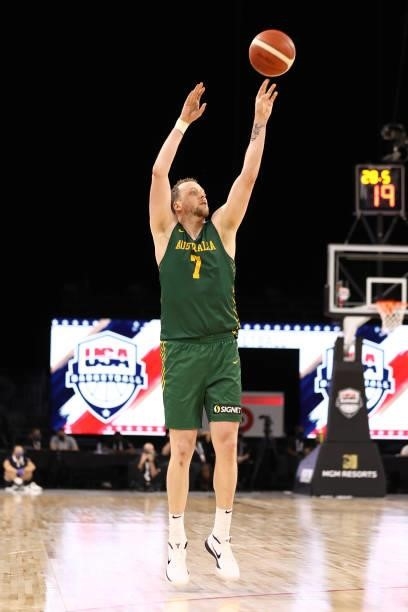 Joe Ingles of the Australia Men's National Team shoots a three-pointer during the game against the Argentina Men's National Team on July 10, 2021 at...