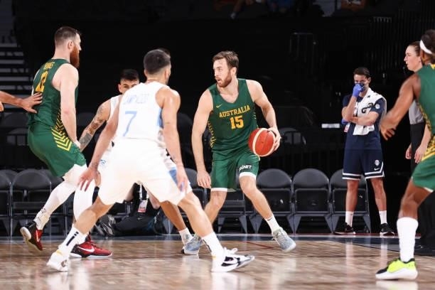 Nic Kay of the Australia Men's National Team handles the ball during the game against the Argentina Men's National Team on July 10, 2021 at Michelob...