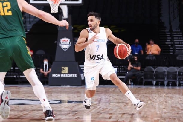 Facundo Campazzo of the Argentina Men's National Team handles the ball during the game against the Australia Men's National Team on July 10, 2021 at...