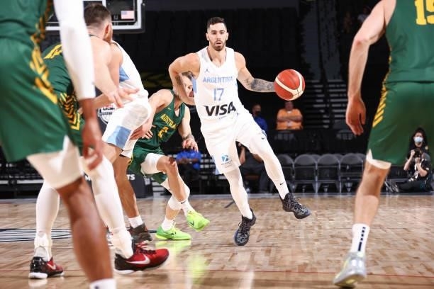 Lucas Vildoza of the Argentina Men's National Team handles the ball during the game against the Australia Men's National Team on July 10, 2021 at...