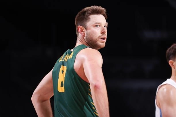 Matthew Dellavedova of the Australia Men's National Team looks on during the game against the Argentina Men's National Team on July 10, 2021 at...