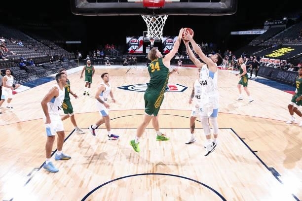Jock Landale of the Australia Men's National Team and Maximo Fjellerup of the Argentina Men's National Team fight for the rebound on July 10, 2021 at...
