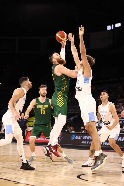 Aron Baynes of the Australia Men's National Team shoots the ball during the game against the Argentina Men's National Team on July 10, 2021 at...